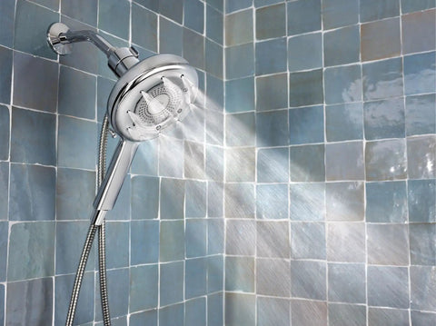 Quattro Handheld Shower System With Four Modes Relieve Soothe Clarify Cleanse Magnetix Dock Chrome Finish spraying water