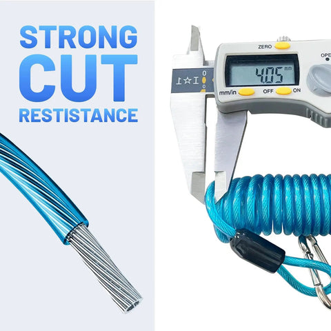 Close-up of steel wire and caliper measuring coiled cable, part of Road Ready Trailer Breakaway Switch With 4 Foot Coiled Cable And Rugged Carabiner