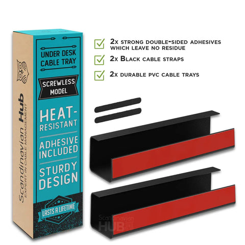 Box and two black under desk cable management trays with self adhesive installation.