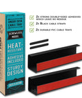 No Screw Under Desk Cable Management Tray With Self Adhesive Mount, package showing tray, straps, and adhesive, black color