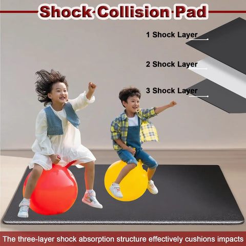 Kids playing on a Badass Black Acoustic Foam Sound Absorbing Mat For Game Changer Noise Blocking and Tight Home Theater Builds or Pro Music Studio Dampening Water Resistant 11mm Thick Underlayment Roll Extending 32 Feet Raw Bottom Design.