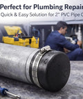 Image of a 2-inch PVC pipe with Six Pack 2 Inch Stainless Steel Worm Gear Hose Clamp for PVC Pipe Caps, focus on repair use.