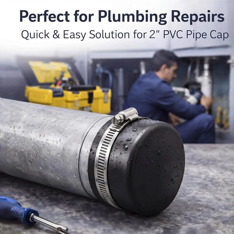Image of a 2-inch PVC pipe with Six Pack 2 Inch Stainless Steel Worm Gear Hose Clamp for PVC Pipe Caps, focus on repair use.