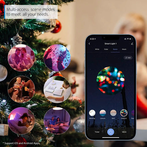 BR30 Smart LED Flood Bulbs 13W 1300 Lumens RGB Color Changing interface on smartphone with various scenes settings displayed