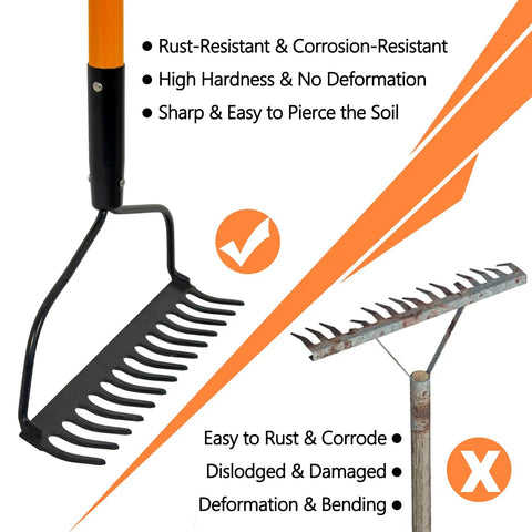 Heavy Duty Garden Rake With 14 Tines And 58 Inch Fiberglass Handle Built To Last High Carbon Steel Build for durability comparison