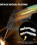 Ergonomic copper welding stinger with nickel plating for durability and improved wear resistance.