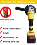 21V Cordless Angle Grinder With 0-9000 RPM, showing non-slip concave handle and features like comfort and safety