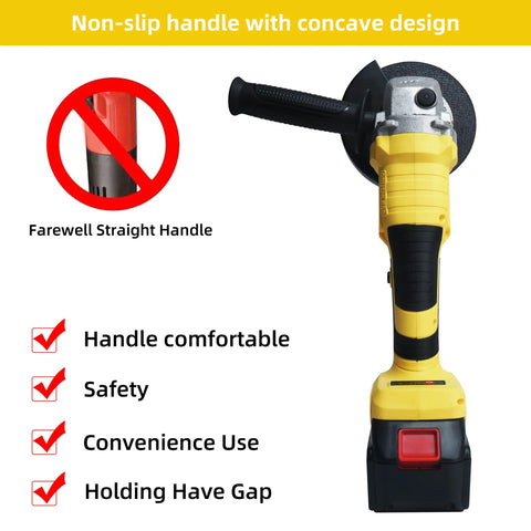21V Cordless Angle Grinder With 0-9000 RPM, showing non-slip concave handle and features like comfort and safety
