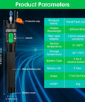 Moocci Visual Fault Locator fiber optic tester pen with green switch, orange protective cap, black textured body.