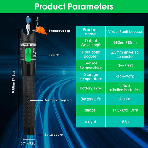 Moocci Visual Fault Locator fiber optic tester pen with green switch, orange protective cap, black textured body.