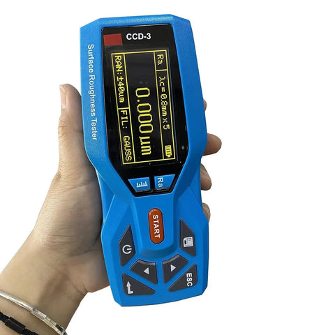 Top Shelf Surface Roughness Tester With Slim Needle For Tricky Grooves And Curved Surfaces Heavy Duty Metal Stand Plug And Play Pc Link Crisp Oled Panel Twenty Parameters Dead On Accuracy handheld gauge displaying digital readout.