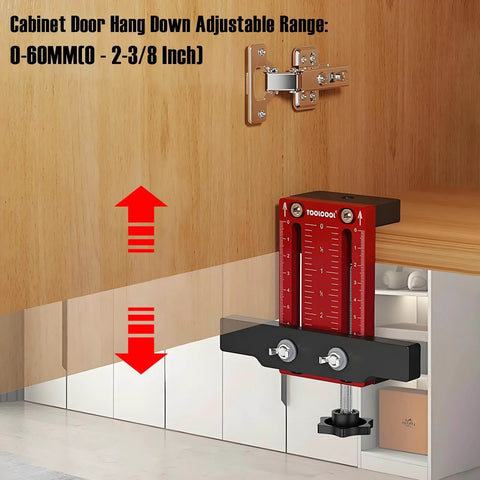 Aluminum Alloy Cabinet Door Mounting Jig With Built In Screw Clamp installed in cabinet, ideal for door installation.