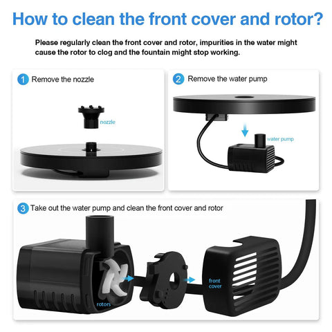 Diagram showing cleaning steps for Sun Powered Water Fountain Pump For Ponds, Bird Baths And Gardens, 1W Solar Fountain