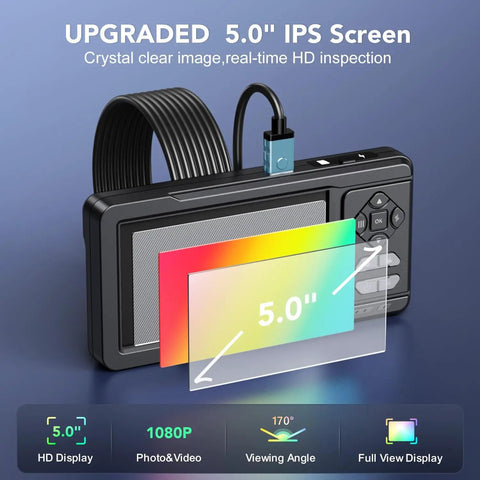 Dual Lens 5 Inch IPS Endoscope Camera With Lights Split Screen Borescope 1080P For Automotive And Home Use, 5-inch IPS display