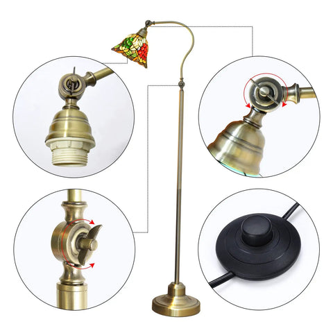 Vintage Tiffany Style Floor Lamp With Grape Stained Glass Shade Arched Gooseneck Reading Light On Bronze Pole Corner Standing Design For Bedroom And Living Room Decor Vibe, showing close-up of adjustable fittings and foot switch.