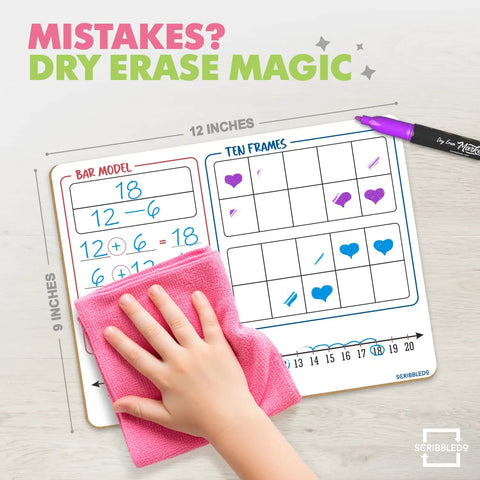 Child erases Double-Sided Dry Erase Math Board For Kids With Bar Model, Ten Frame, Number Line, And 1 To 120 Chart