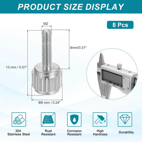 8 Pcs M2 By 8mm Vernier Caliper Screws Pro Grade Stainless Steel Flat Head Knurled for measuring tools