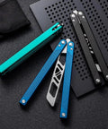 Integrated Forging Bushing System Flip Knife With T6061 Channel Handle For Ultra Smooth Flips Dope Blue Finish visible on table