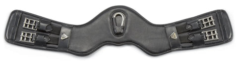 Anatomically Shaped Dressage Girth With Symmetry For A Natural Fit, Heavy Duty Outer Leather, Black 30 Inch, top view.