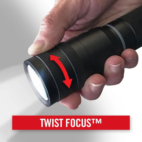 Hand holding G450 1630 Lumen Twist Focus Flashlight Beast Mode Brightness With Pure Beam Optic And Bulls Eye Spot Beam Technology Black
