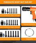 Pro Grade Pneumatic Rivet Nut Tool Kit With Quick Change Gun Head For M6 M8 M10 Mandrels Self Locking Head Air Rivnut Gun Includes Washers And Multiple Mandrels For Fast Reliable Rivnut Assembly, displayed with components.