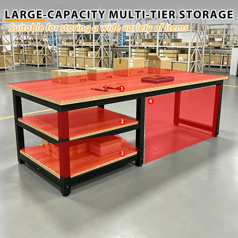 Heavy Duty Garage Workbench With Scratch Resistant Solid Wood Top And Lower Shelf For Toolboxes and Shop Gear Knock Out Jobs With Straight Up Durability in a workshop setting.
