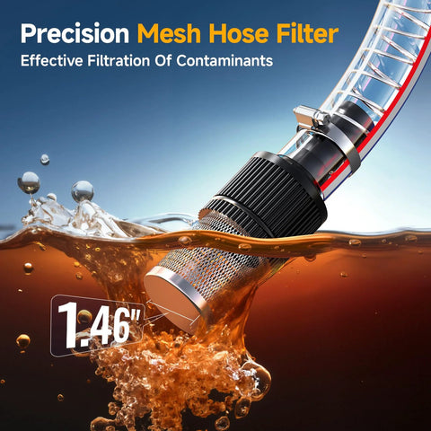 Precision mesh hose filter submerged in liquid demonstrating effective filtration for Cordless Fuel Transfer Pump Kit With 12 GPM Electric Flow 21V 4.0Ah Battery And Charger Portable Easy Peasy Diesel Kerosene Transfer Pump With Auto Off Nozzle And Dual 6.6Ft Hoses For Tractors And Farm Equipment.