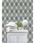 Premium Navy Trellis Wallpaper With Snazzy Linen Weave Hella Durable Polyester Surface Sweet For Kitchens Bathrooms And Commercial Lobbies Straight Paste To Paper Setup Reliable Type Two Finish on a bathroom vanity background.