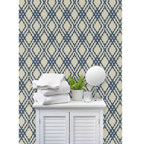 Premium Navy Trellis Wallpaper With Snazzy Linen Weave Hella Durable Polyester Surface Sweet For Kitchens Bathrooms And Commercial Lobbies Straight Paste To Paper Setup Reliable Type Two Finish on a bathroom vanity background.