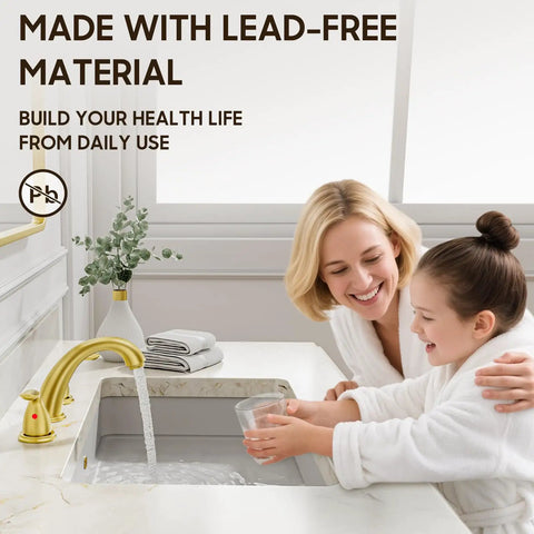Woman and child using Brushed Gold Widespread 8 Inch 2-Handle Bathroom Faucet With 3-Hole Setup And Metal Pop Up Drain.