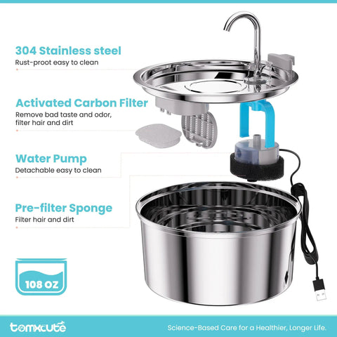 Stainless Steel Cat Water Fountain With 108 Oz Capacity For Cats And Small Dogs, Ultra Quiet Metal Pet Water Fountain, components diagram