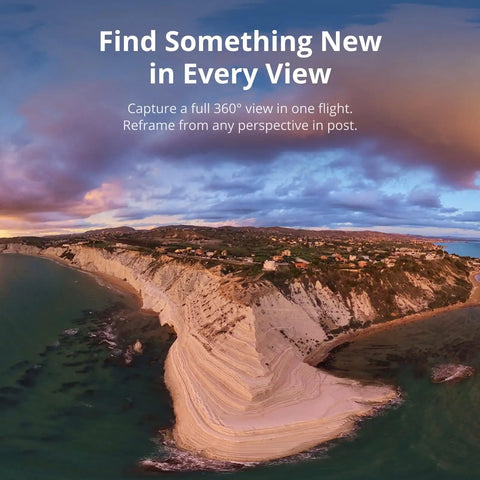 Aerial view by 360 Degree FPV Drone With 1 Inch 8K 360 Imaging, showing coastal cliffs and ocean from above at sunset.