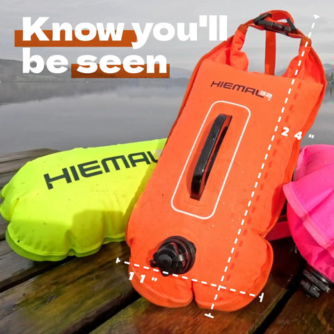 Open Water Swim Buoy With 15L Dry Bag and Rest Handle, Fully Waterproof Swim Bubble for Training, shown in orange.