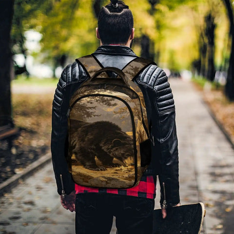 Wild Bear Printed Unisex Backpack Large Capacity For School Hiking And Travel Durable Polyester Daypack worn by person outdoors