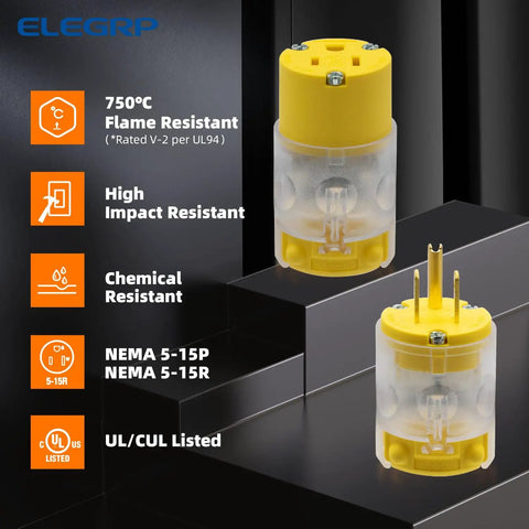 Lighted Straight Blade Electrical Plug And Connector Set 15 Amp 125 Volt NEMA 5 15P NEMA 5 15R 2 Pole 3 Wire Grounding Commercial Grade Yellow Replacement End For Heavy Duty Use