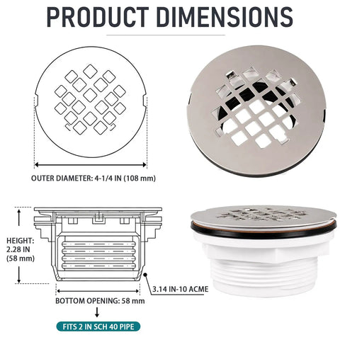 Slick Two Inch No Caulk Pvc Compression Shower Drain With Four Point Two Five Inch Knockout Steel Grate, dimensions and details shown.
