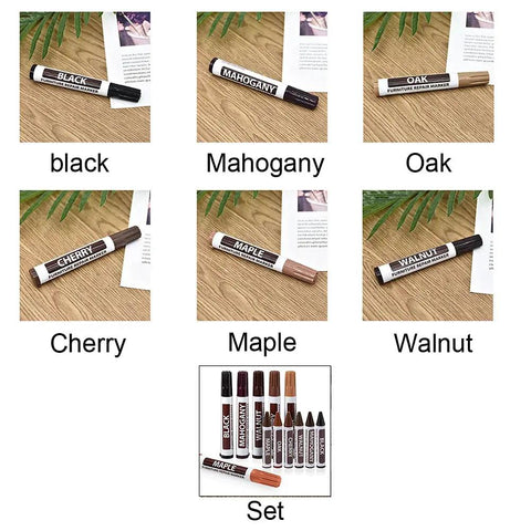 Furniture Wood Repair Marker For Floors And Tables Easy DIY Scratch Fix Pen For Stains Quick Dry Long Lasting Professional Grade Wood Touch Up For Cabinets And Tables Black Finish in multiple colors set, including black, mahogany, oak, cherry, maple, and walnut finishes.