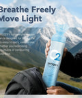 Portable 10 Liter Oxygen Canisters With Leak Proof Mask 97 Percent Pure O2 Oxygen Tank being held against a mountain backdrop
