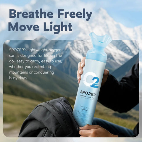 Portable 10 Liter Oxygen Canisters With Leak Proof Mask 97 Percent Pure O2 Oxygen Tank being held against a mountain backdrop