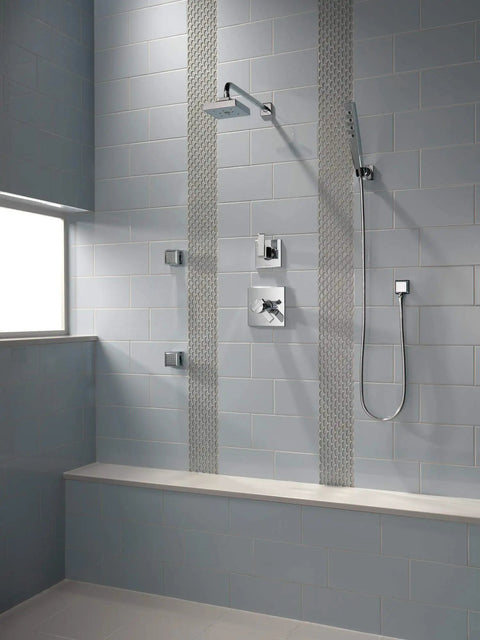 Modern bathroom with 16 Inch Black Stainless Shower Arm Trim With One Half IPS Threads, Wall Mount Design For A Fresh Shower Upgrade.