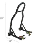 Front And Rear Spool Style Lift Stand For Sport Bikes Universal Fit For Most Yamaha Honda Kawasaki Suzuki Ducati BMW Quick Lift For Maintenance And Storage No Fuss Rubber Padding To Prevent Scratches, side view with dimensions