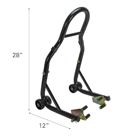 Front And Rear Spool Style Lift Stand For Sport Bikes Universal Fit For Most Yamaha Honda Kawasaki Suzuki Ducati BMW Quick Lift For Maintenance And Storage No Fuss Rubber Padding To Prevent Scratches, side view with dimensions