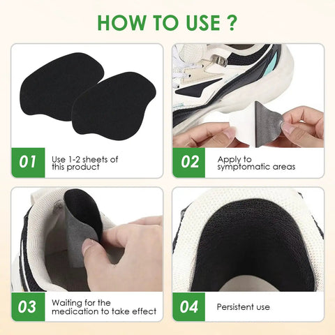 Instructions showing use of 12 Pcs Self-Adhesive Inside Shoe Heel Repair Patches Kit for Sneakers and Mesh Shoes with step-by-step visuals.