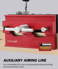 Self Centering Doweling Jig Kit with 6 Drill Guide Bushings for Precise Straight Holes, Pro Grade Build with Heavy Duty Aluminum Sides and 40CR Plate, Steel Screws, Built to Last, Ideal for Cabinetry and Woodworking Projects in use on wood with auxiliary aiming line visible