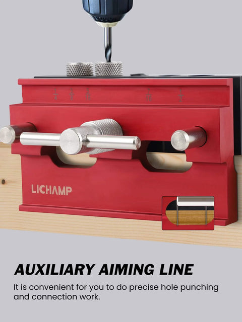 Self Centering Doweling Jig Kit with 6 Drill Guide Bushings for Precise Straight Holes, Pro Grade Build with Heavy Duty Aluminum Sides and 40CR Plate, Steel Screws, Built to Last, Ideal for Cabinetry and Woodworking Projects in use on wood with auxiliary aiming line visible