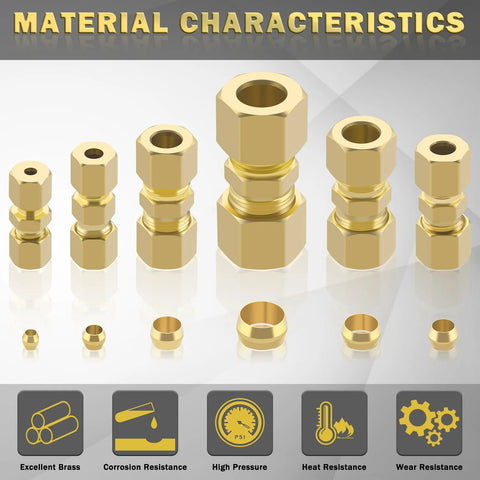Brass compression fittings assortment kit (46 pcs) with 1/8–1/2 in OD sizes for pipe connections