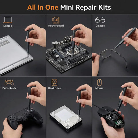 Demonstration of 25 In 1 Magnetic Precision Screwdriver Set For Phones Laptops PCs PS5 Controllers Switches Watches Glasses And Small Electronics Handy Mini Repair Kit For Quick Fixes And Everyday Tech DIY in use on electronics and glasses.