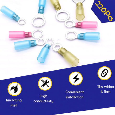 Heat Shrink Ring Terminals Kit 220 Pcs For 22 To 16 AWG No 10 And Quarter Inch And Five Sixteenths Inch And Three Eighths Inch Connectors