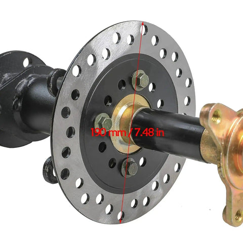 Close-up of Heavy Duty Go Kart Rear Axle Kit, 48V 1000W Electric Drive With 16 Tooth Drive Gear, showing details and dimensions.