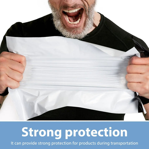 Man tearing 10x13 Inch Poly Mailers 200 Pack White For Clothing Shipping Envelopes Tear Resistant Durable Packing Bags